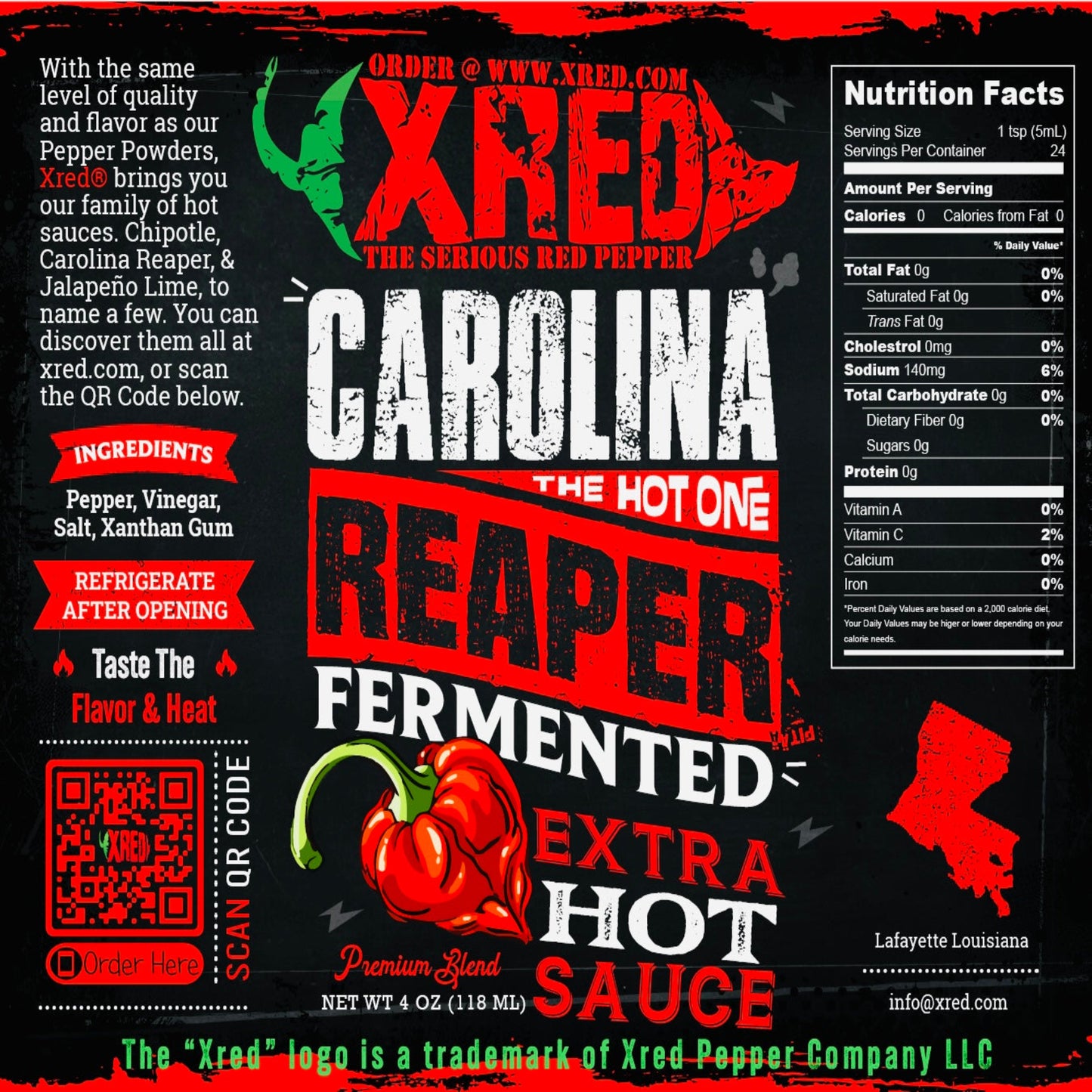 Xred's Carolina Reaper Extra Hot Sauce with Cane Vinegar 4.6oz.