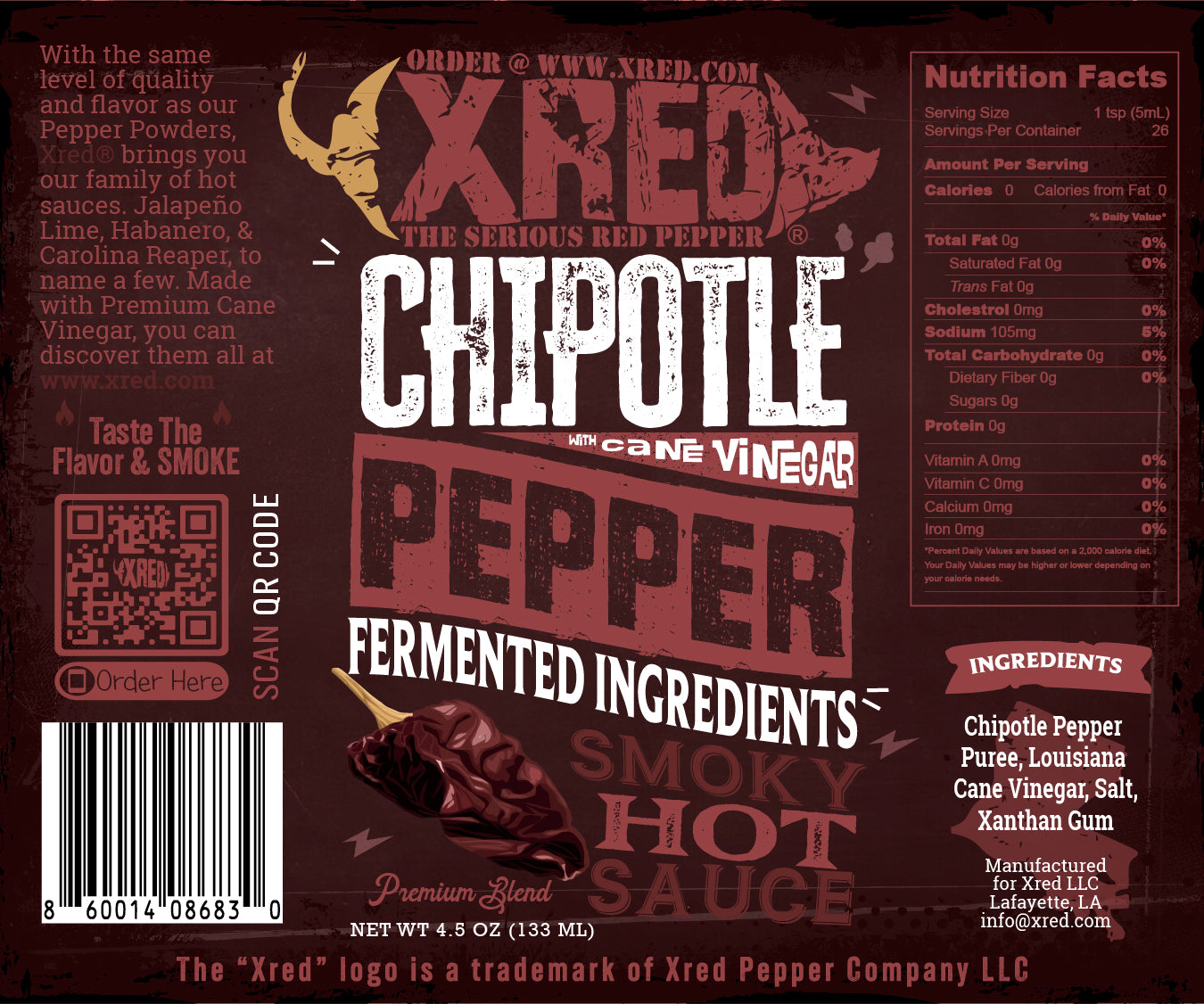 Xred's New Chipotle Smoky Hot Sauce With Cane Vinegar 4.5oz